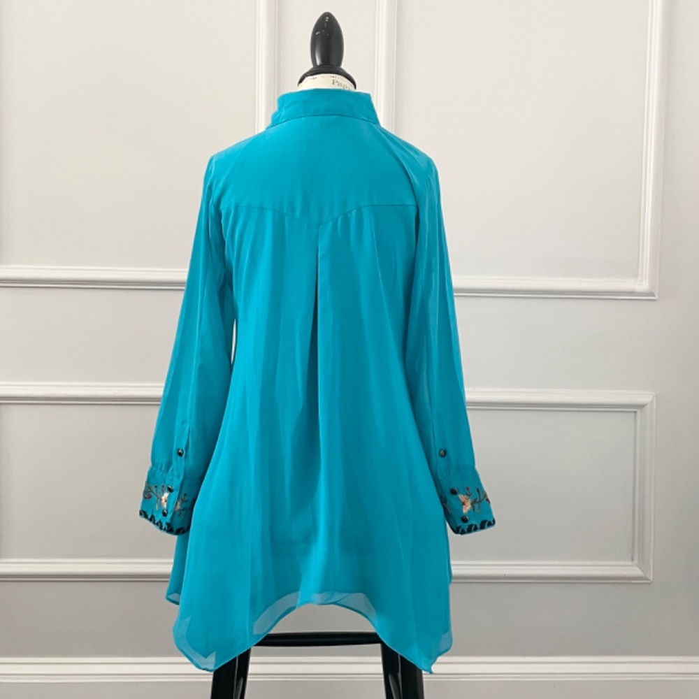 Amazing Blue Collared Button Down Tunic Blouse Wi… - image 3